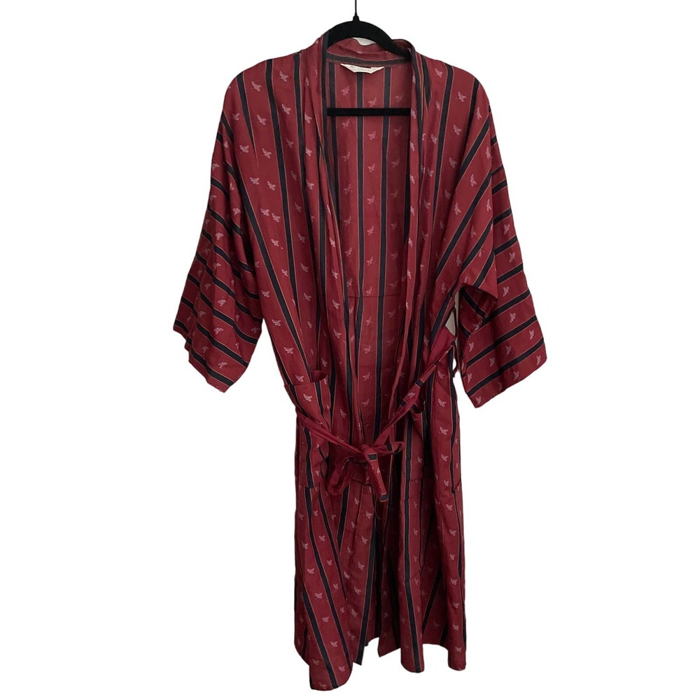 Christian Dior Monsieur Striped Robe Ducks Maroon One Size Kimono Sleeve FLAWED